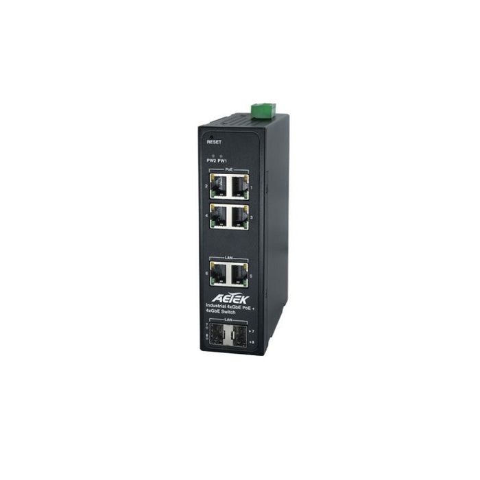 Aetek AET-D40-044-30 4 Port Unmanaged Gigabit Industrial PoE Switch, 2x SFP, 2x RJ45, 120W, 48-56VDC