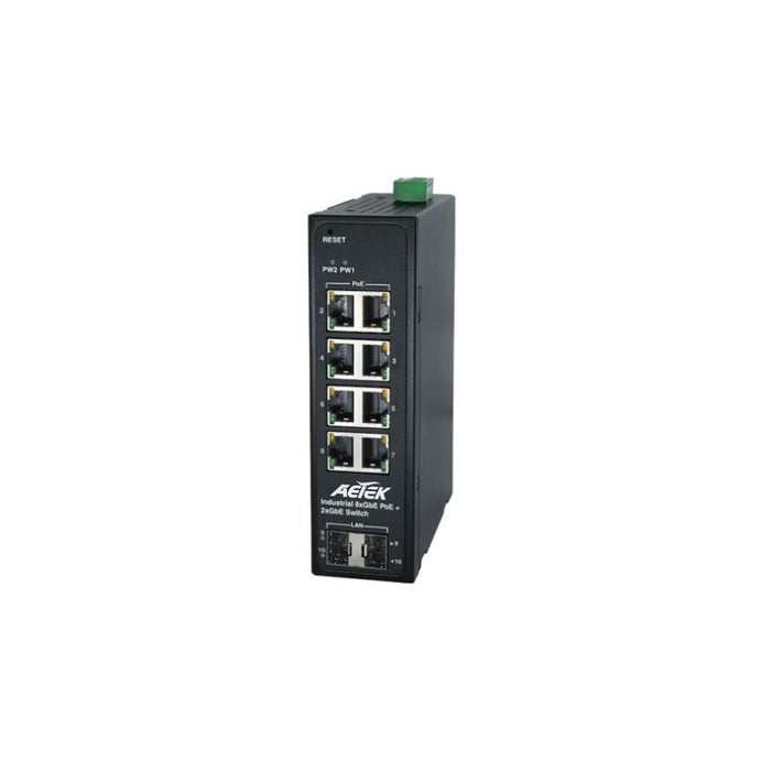 Aetek D40-082-30 8 Port Unmanaged Gigabit Industrial PoE Switch, 2x SFP, 360W, 48-56VDC