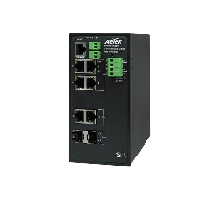 Aetek D51-04430DC 4 Port Managed Gigabit Industrial PoE Switch, 2x SFP/RJ45, 30W, 12-56V input