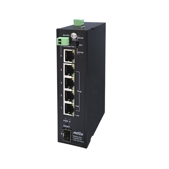 Aetek H32-042-30 5 Port Gigabit Unmanaged Industrial PoE Switch, 1x 24V POE, 1x SFP, 120W, 48VDC